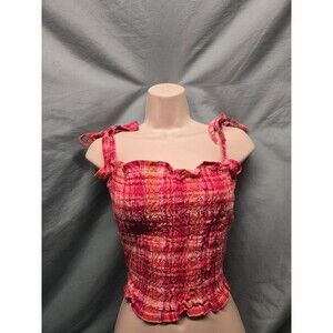 Womens Plaid Y2k Pink Tie Up Tank Top Scrunched